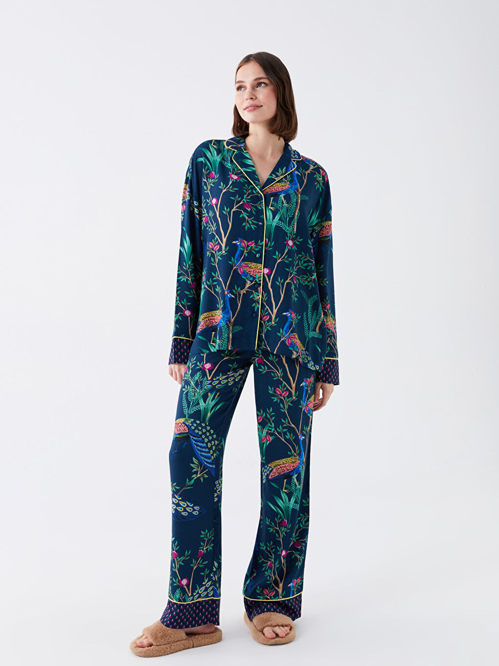 Petrol Gömlek Yaka Desenli Kadın Pijama Takımı