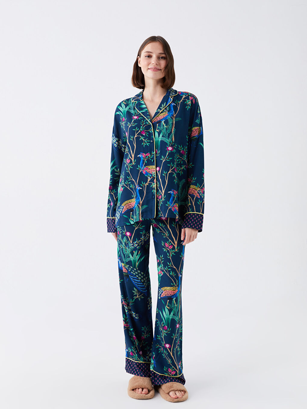 Petrol Gömlek Yaka Desenli Kadın Pijama Takımı-1