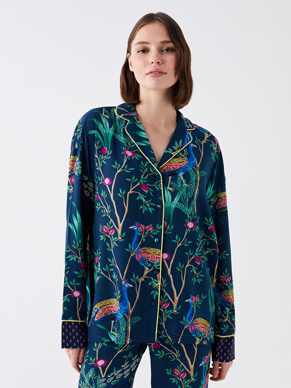 Petrol Gömlek Yaka Desenli Kadın Pijama Takımı-2