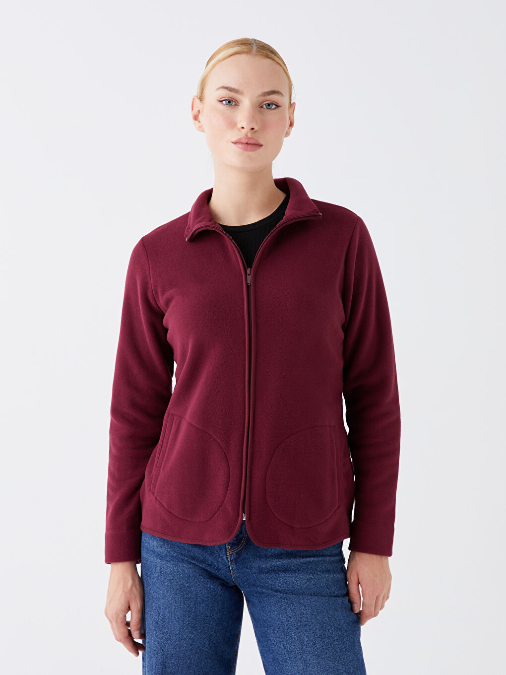 LCWAIKIKI Basic Bordo Kadın Dik Yaka Düz Fermuarlı Sweatshirt