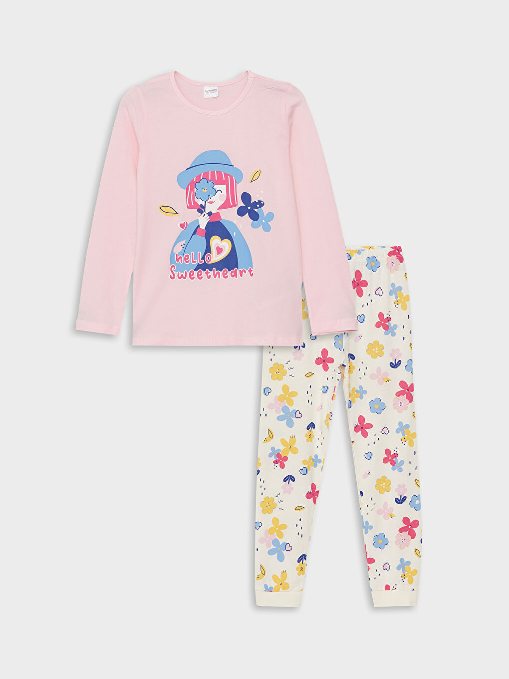 LCW Kids Pembe Bisiklet Yaka Baskılı Uzun Kollu Kız Çocuk Pijama Takımı