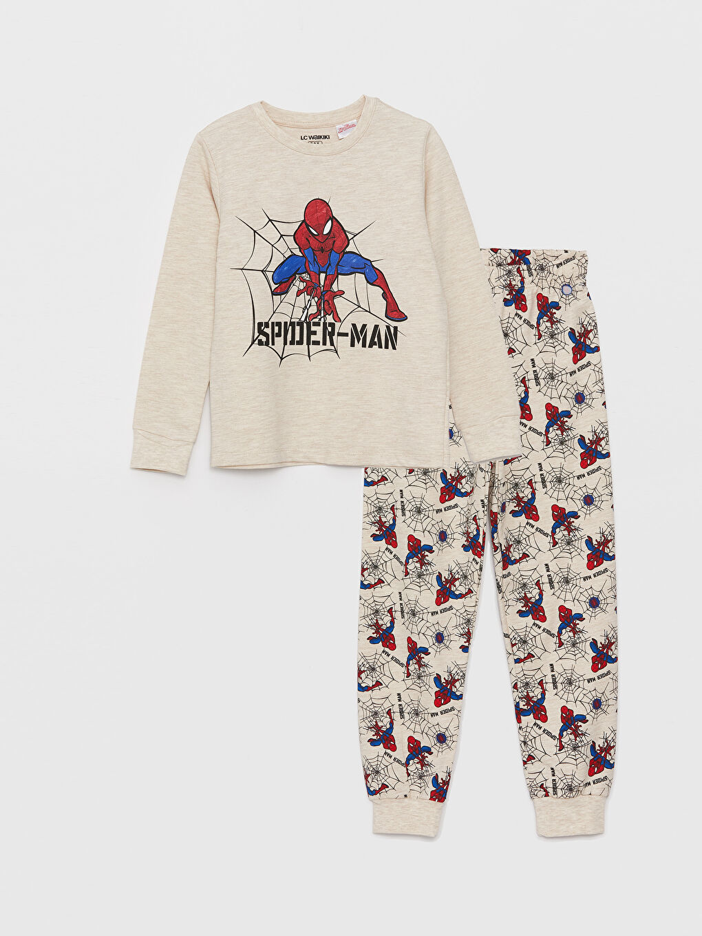 LCW Kids Bej Bisiklet Yaka Spiderman Baskılı Uzun Kollu Erkek Çocuk Pijama Takımı