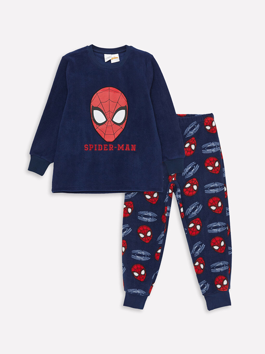 Lacivert Bisiklet Yaka Spiderman Desenli Uzun Kollu Polar Erkek Çocuk Pijama Takımı