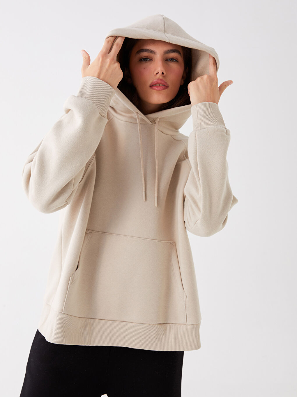 LCW Vision Bej Düz Oversize Kadın Hoodie