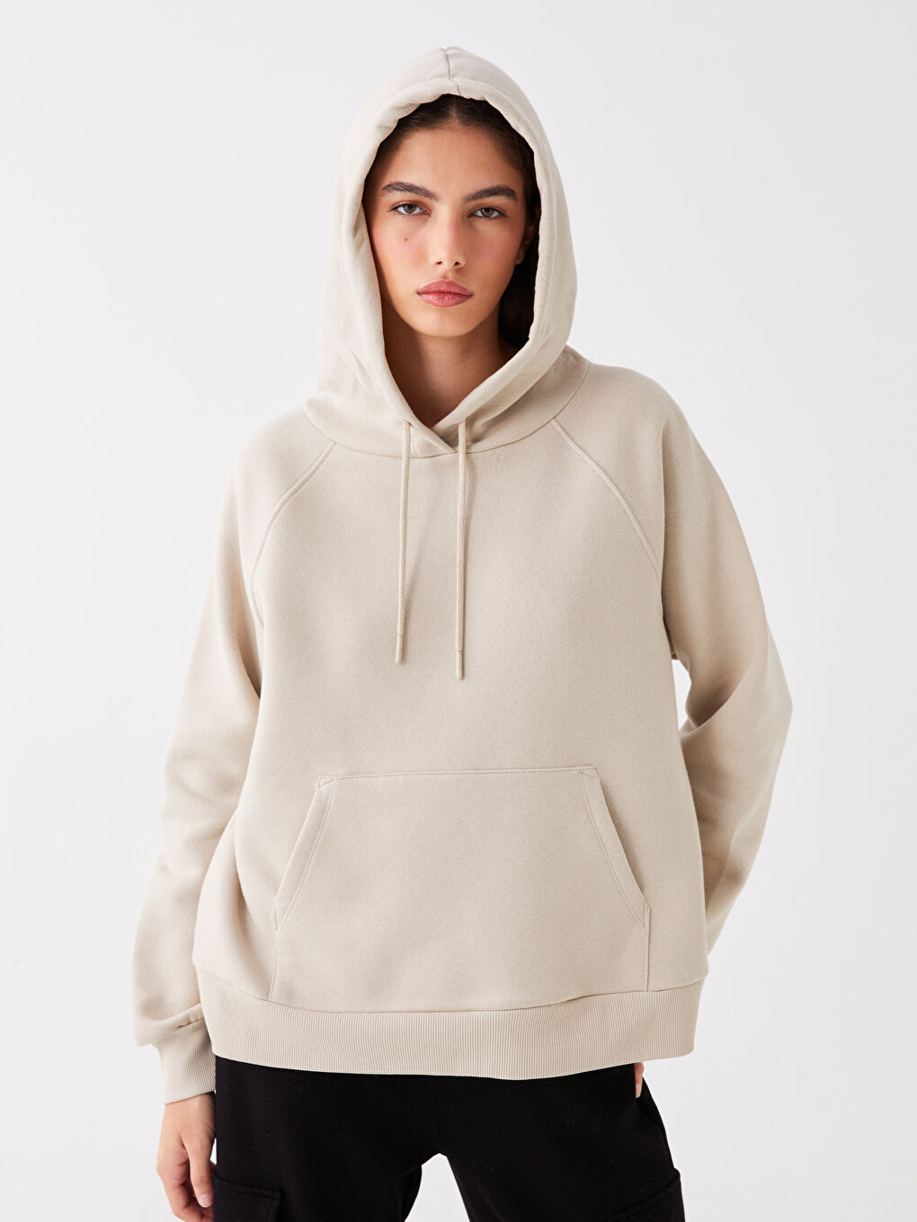 LCW Vision Bej Düz Oversize Kadın Hoodie - 1