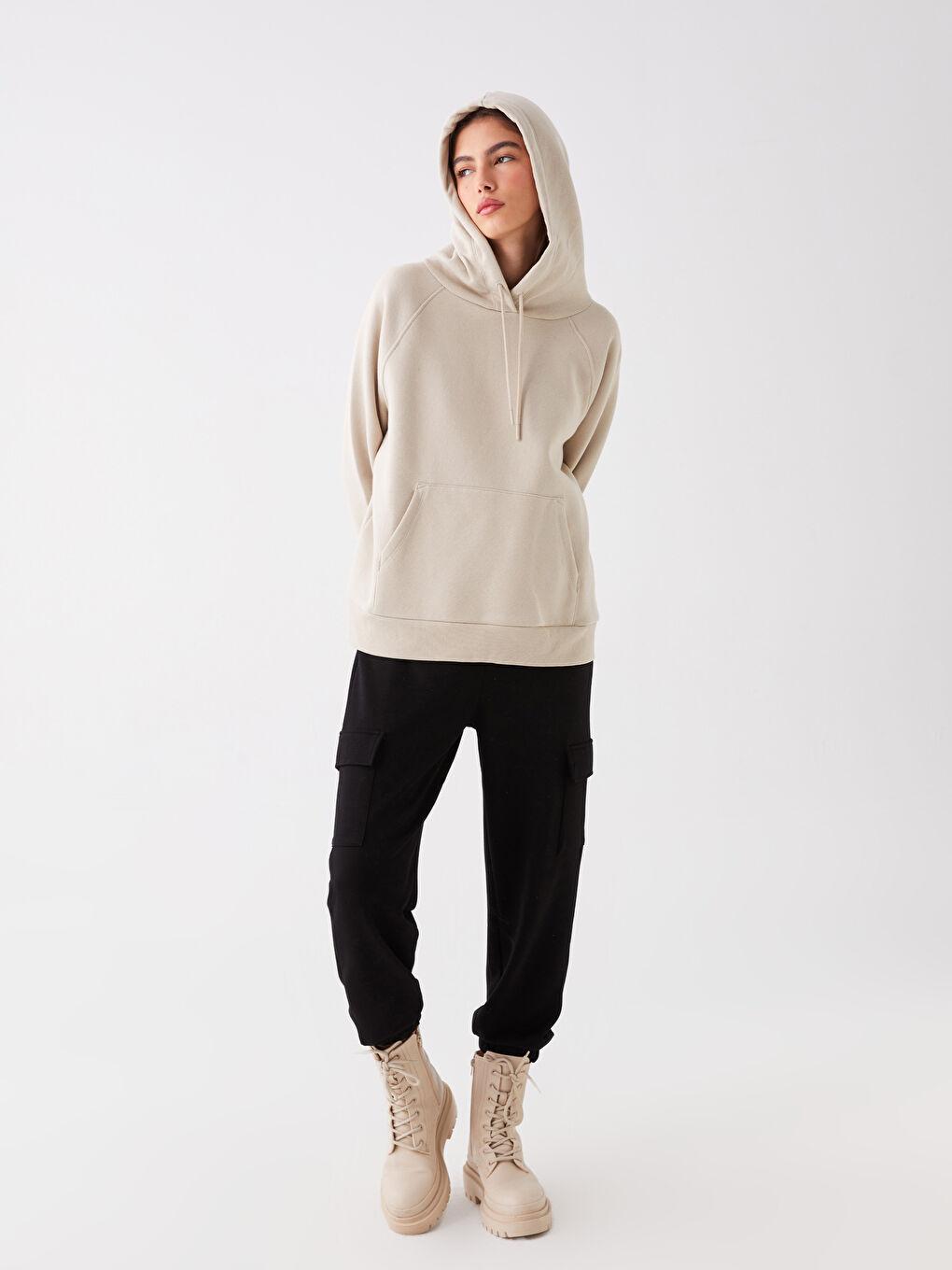 LCW Vision Bej Düz Oversize Kadın Hoodie - 2