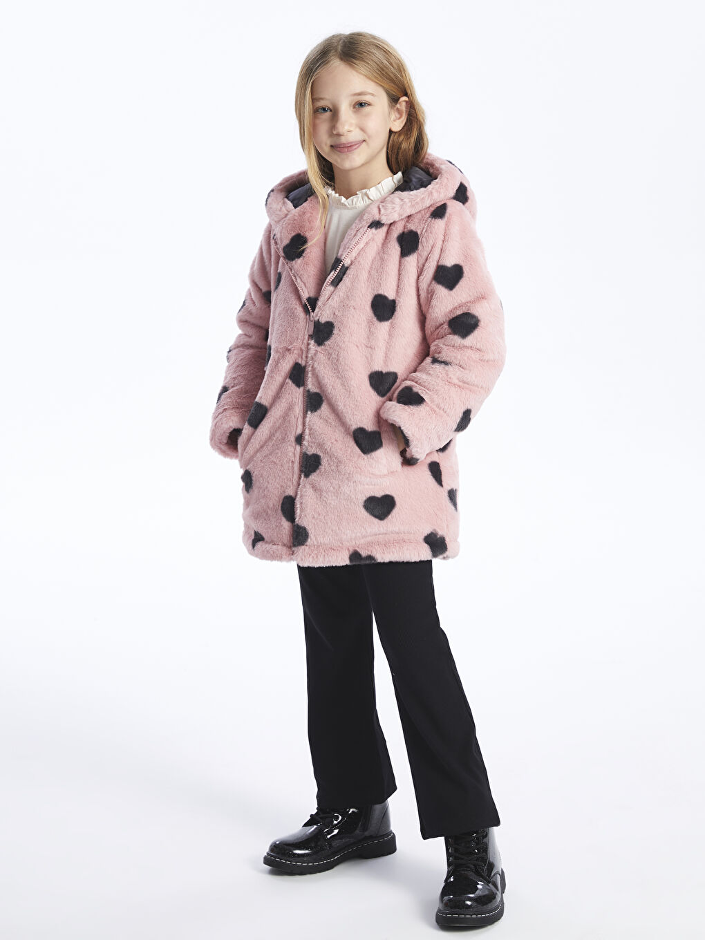 Pembe Kapüşonlu Kız Çocuk Kürk Kaban-1