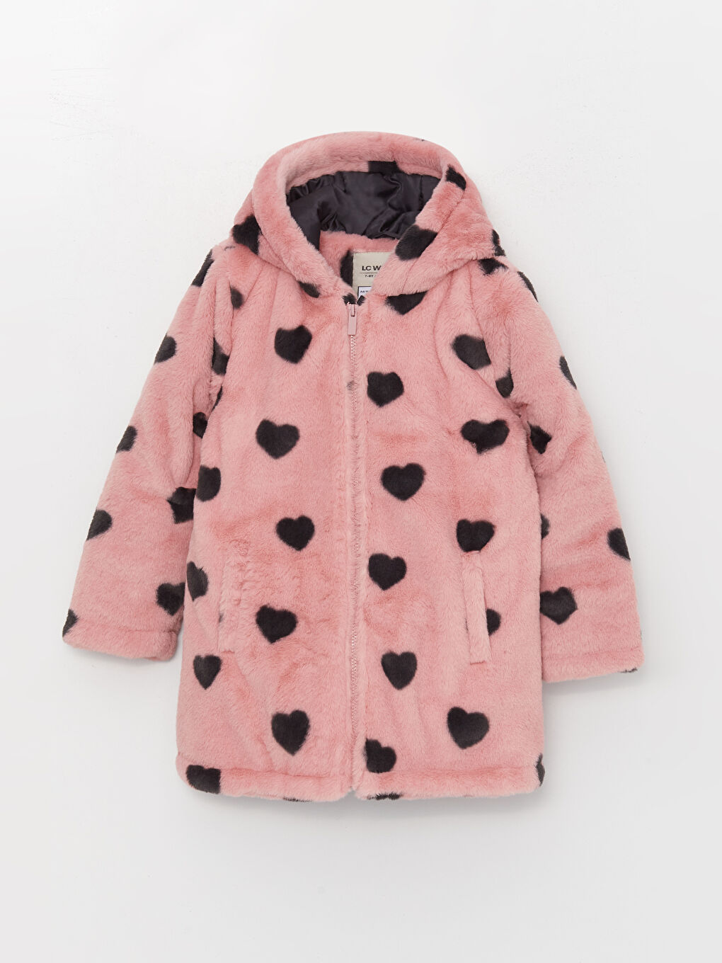 Pembe Kapüşonlu Kız Çocuk Kürk Kaban-2