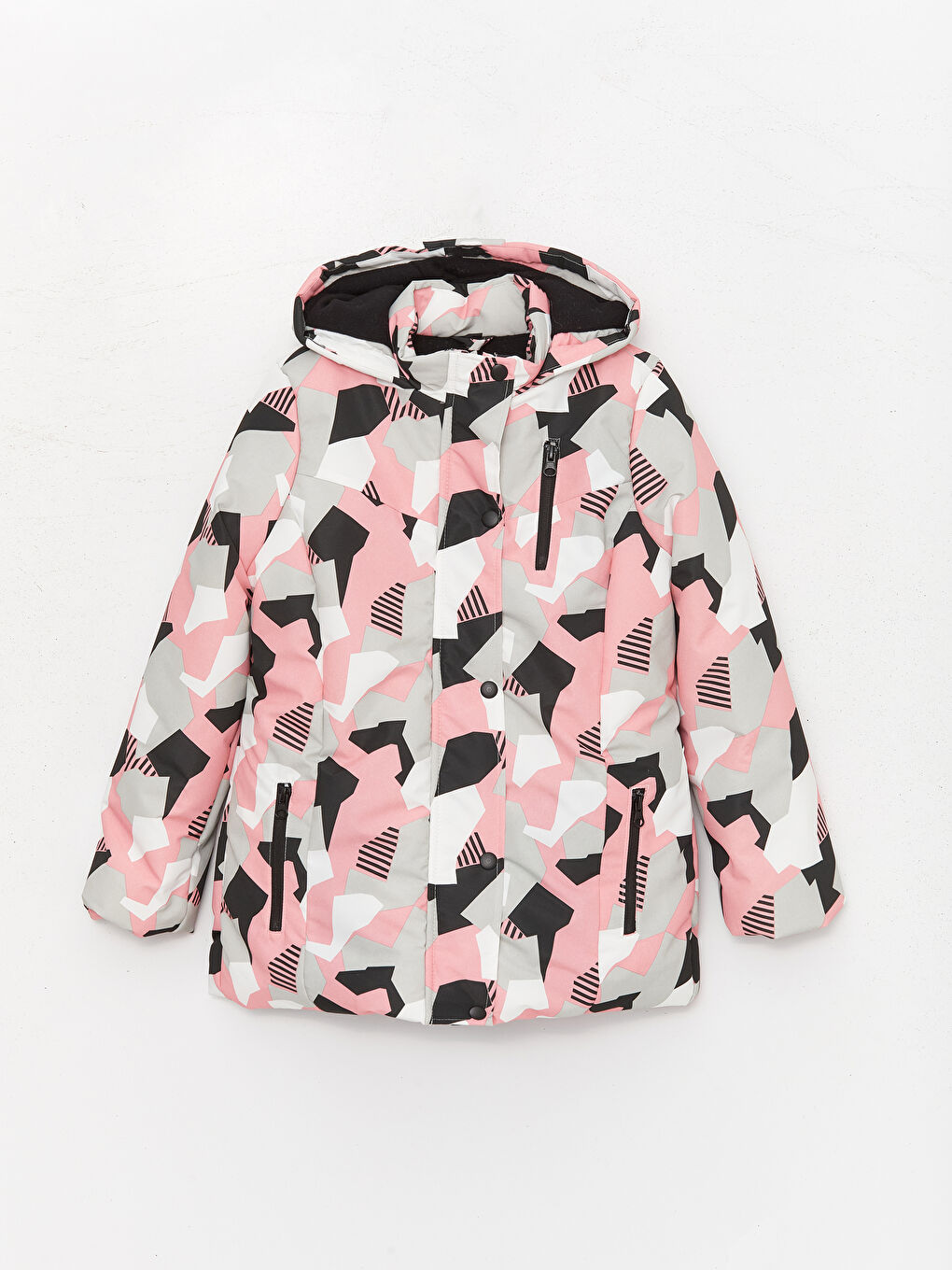 Pembe Kapüşonlu Desenli Kız Çocuk Mont