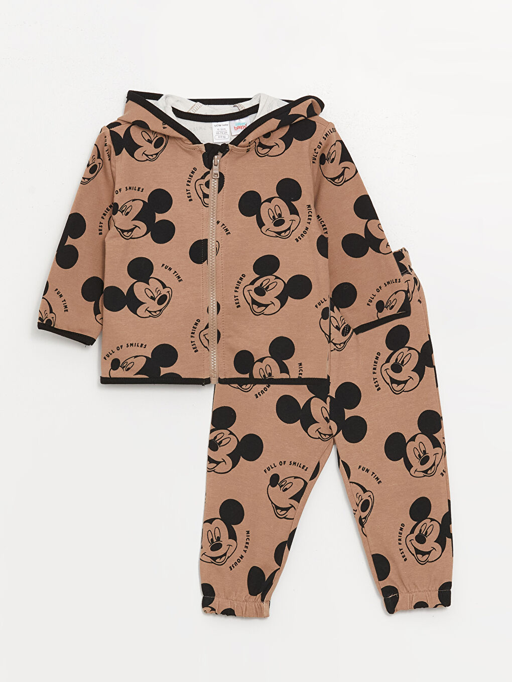 LCW baby Kahverengi Kapüşonlu Uzun Kollu Mickey Mouse Baskılı Erkek Bebek Sweatshirt ve Eşofman Alt 2'li