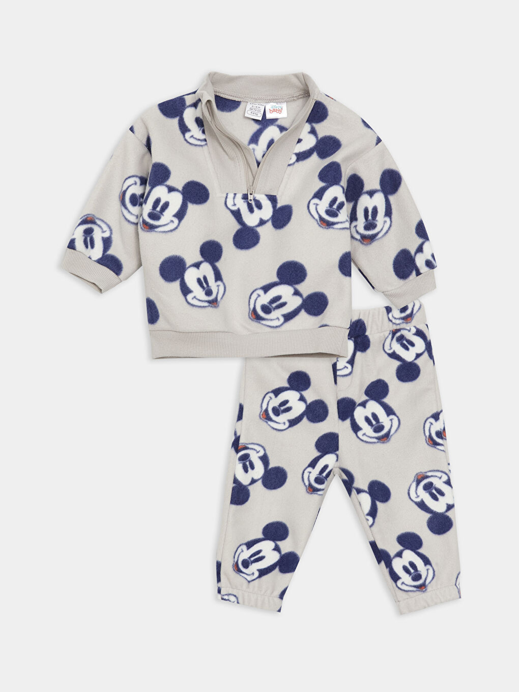 LCW baby Gri Dik Yaka Mickey Mouse Desenli Polar Erkek Bebek Sweatshirt ve Eşofman Altı 2'li Takım