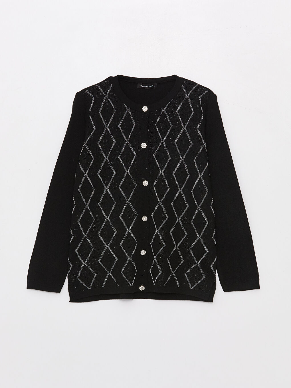 Siyah Bisiklet Yaka Desenli Uzun Kollu Kadın Triko Hırka-5