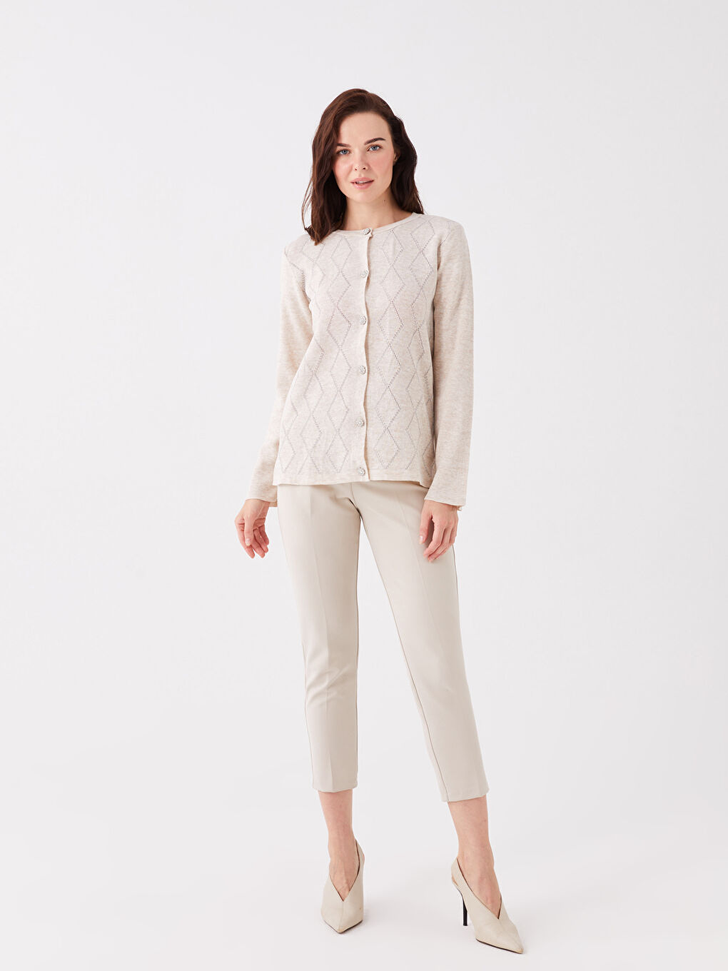 Bej Bisiklet Yaka Desenli Uzun Kollu Kadın Triko Hırka-2