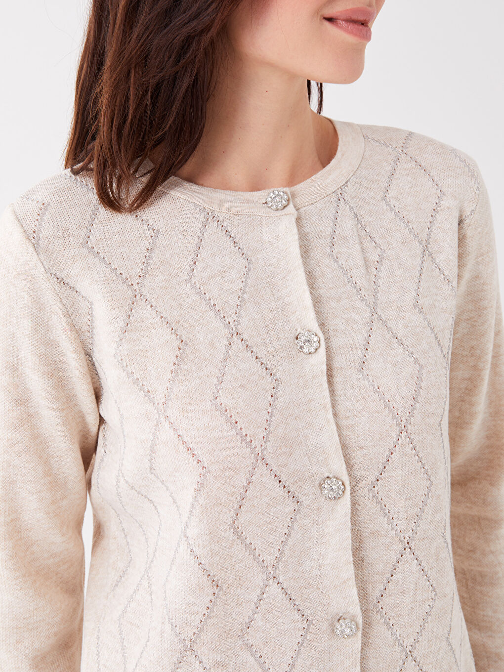 Bej Bisiklet Yaka Desenli Uzun Kollu Kadın Triko Hırka-3