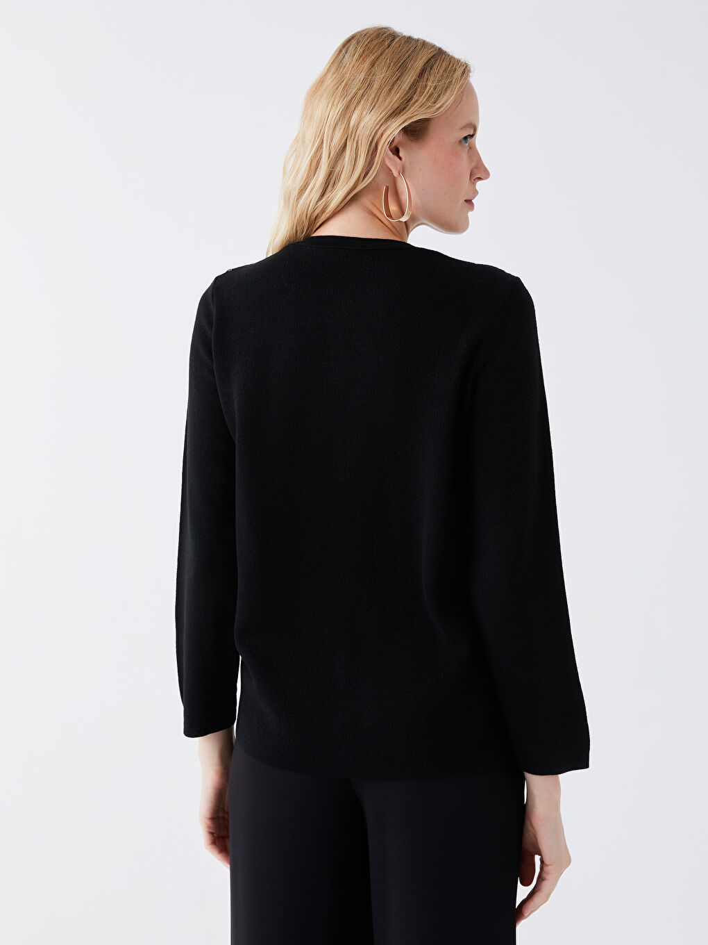 Siyah Bisiklet Yaka Desenli Uzun Kollu Kadın Triko Hırka-4