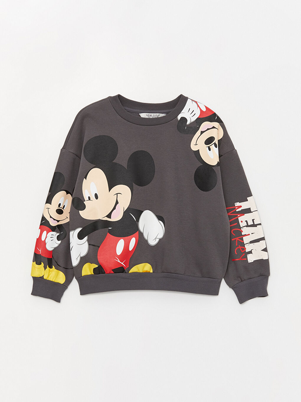 LCW Kids Koyu Gri Bisiklet Yaka Mickey Mouse Baskılı Uzun Kollu Kız Çocuk Sweatshirt