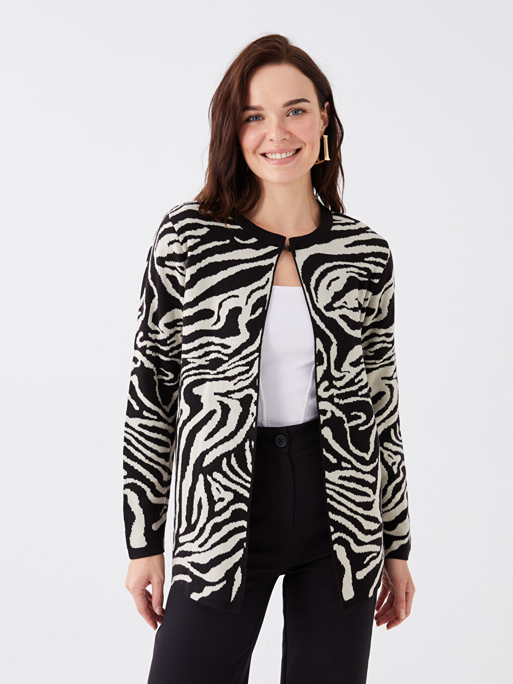 Tied Collar Patterned Long-Sleeve Women's Cardigan