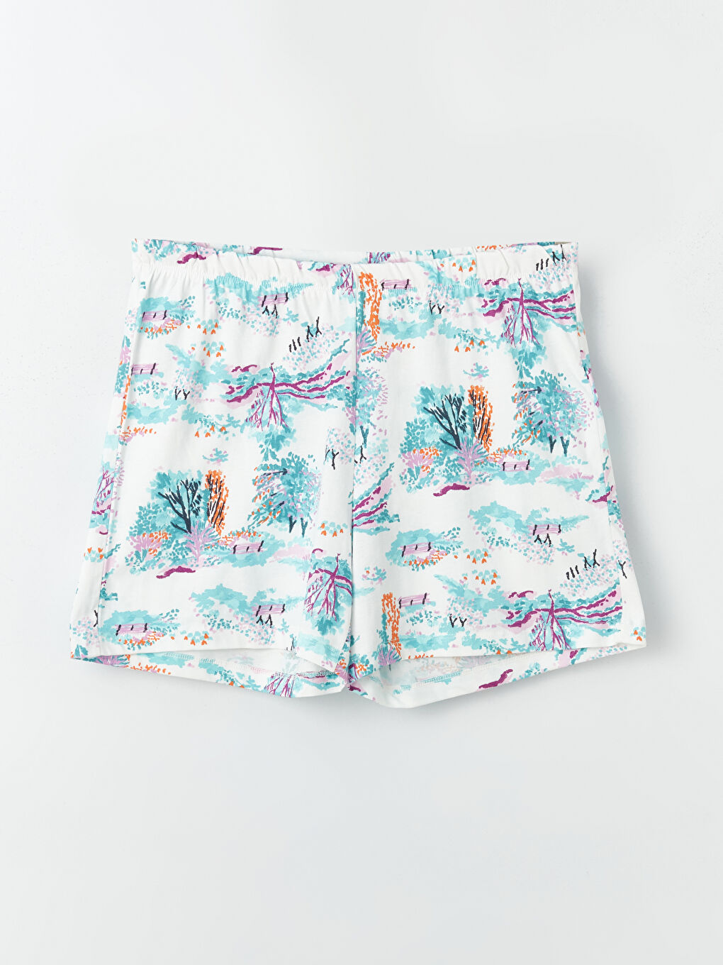 Ekru Bisiklet Yaka Baskılı Kısa Kollu Kadın Şortlu Pijama Takımı-8