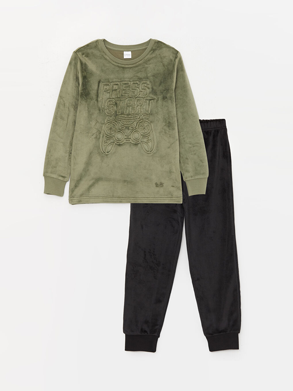Yeşil Bisiklet Yaka Uzun Kollu Kadife Erkek Çocuk Pijama Takımı