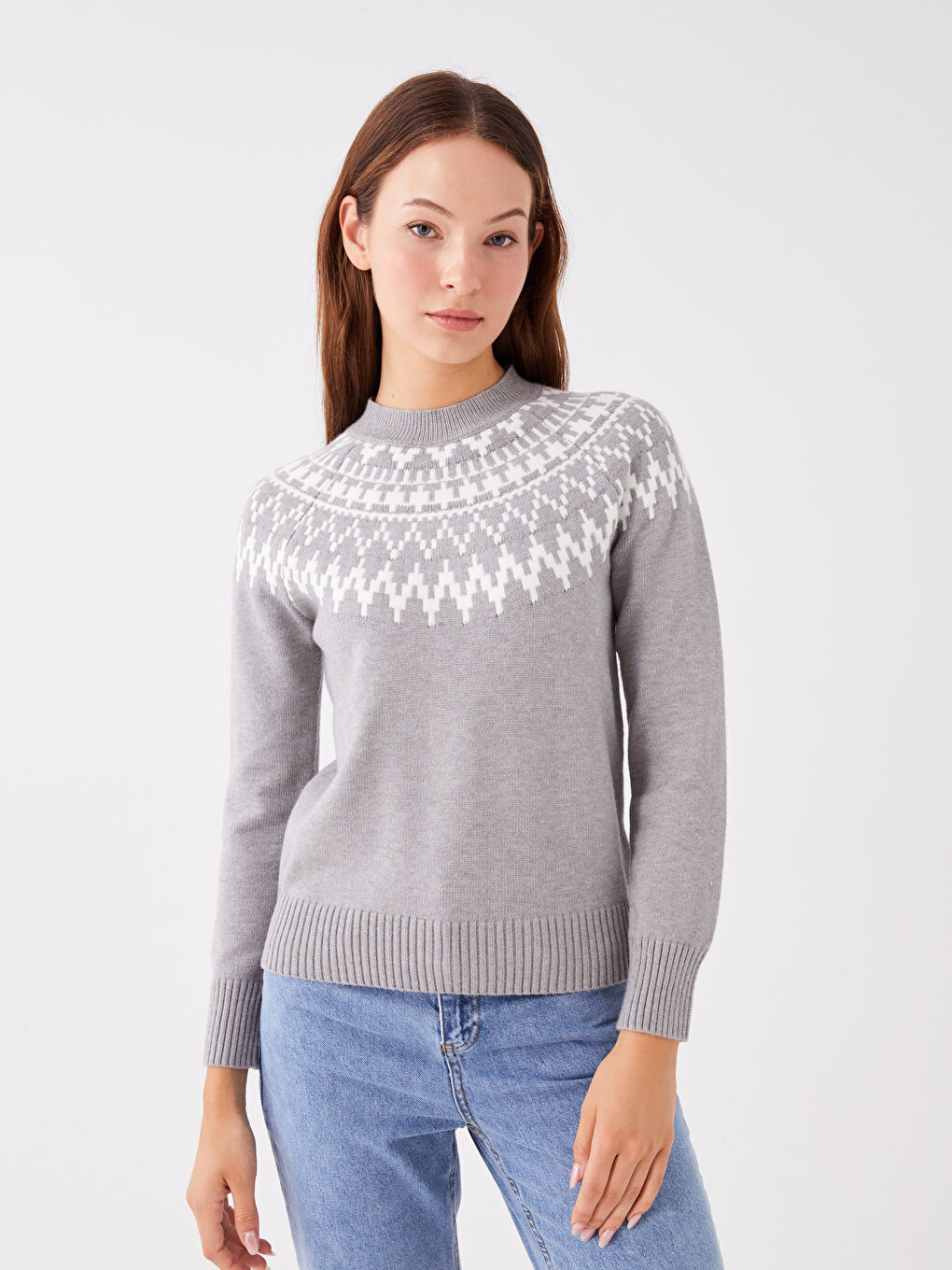 Funnel Neck Patterned Women's Knitwear Sweater