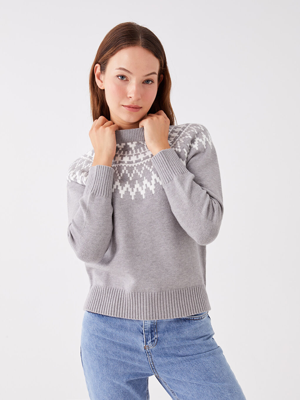 Funnel Neck Patterned Women's Knitwear Sweater-1