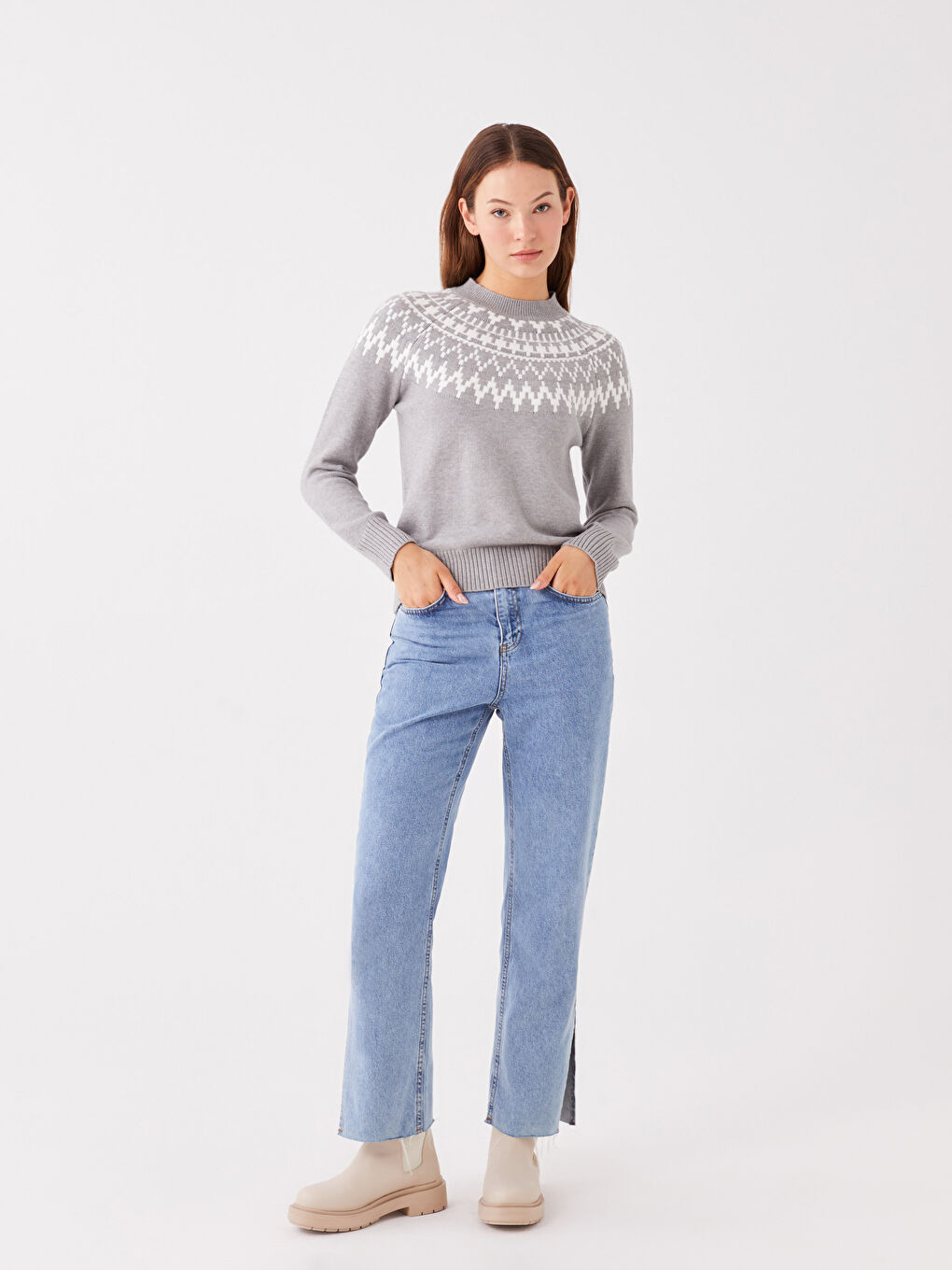 Funnel Neck Patterned Women's Knitwear Sweater-2