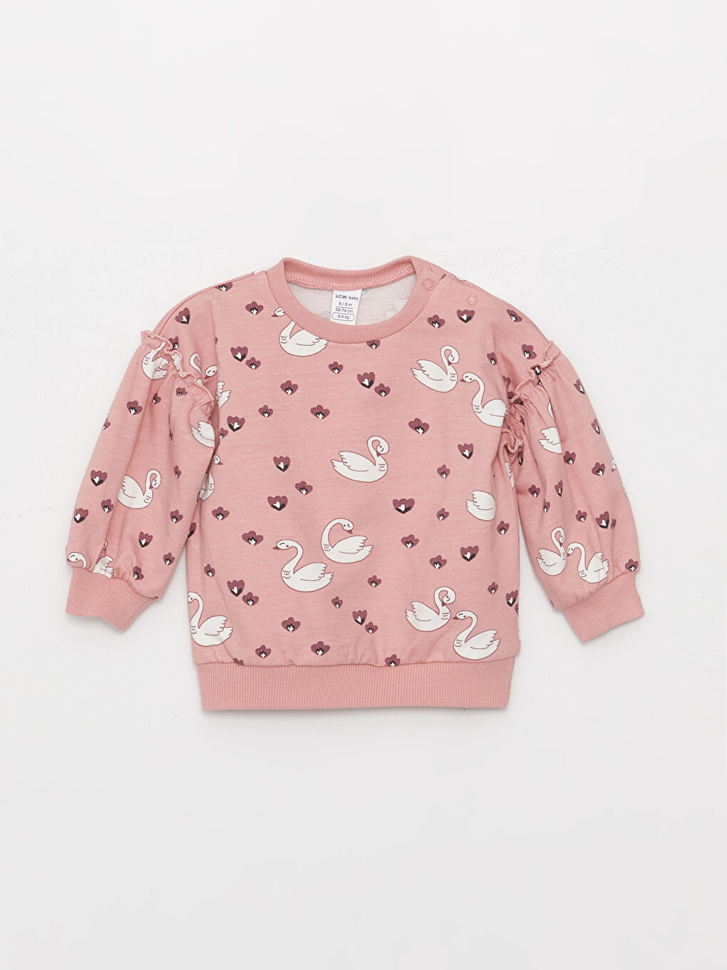 LCW baby Pembe Baskılı Bisiklet Yaka Baskılı Kız Bebek Sweatshirt ve Pantolon 2'li Takım - 1