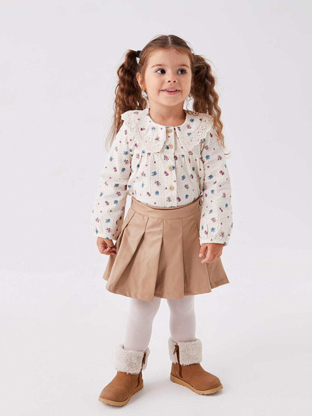 Ekru Bebe Yaka Uzun Kollu Desenli Kız Bebek Gömlek-1