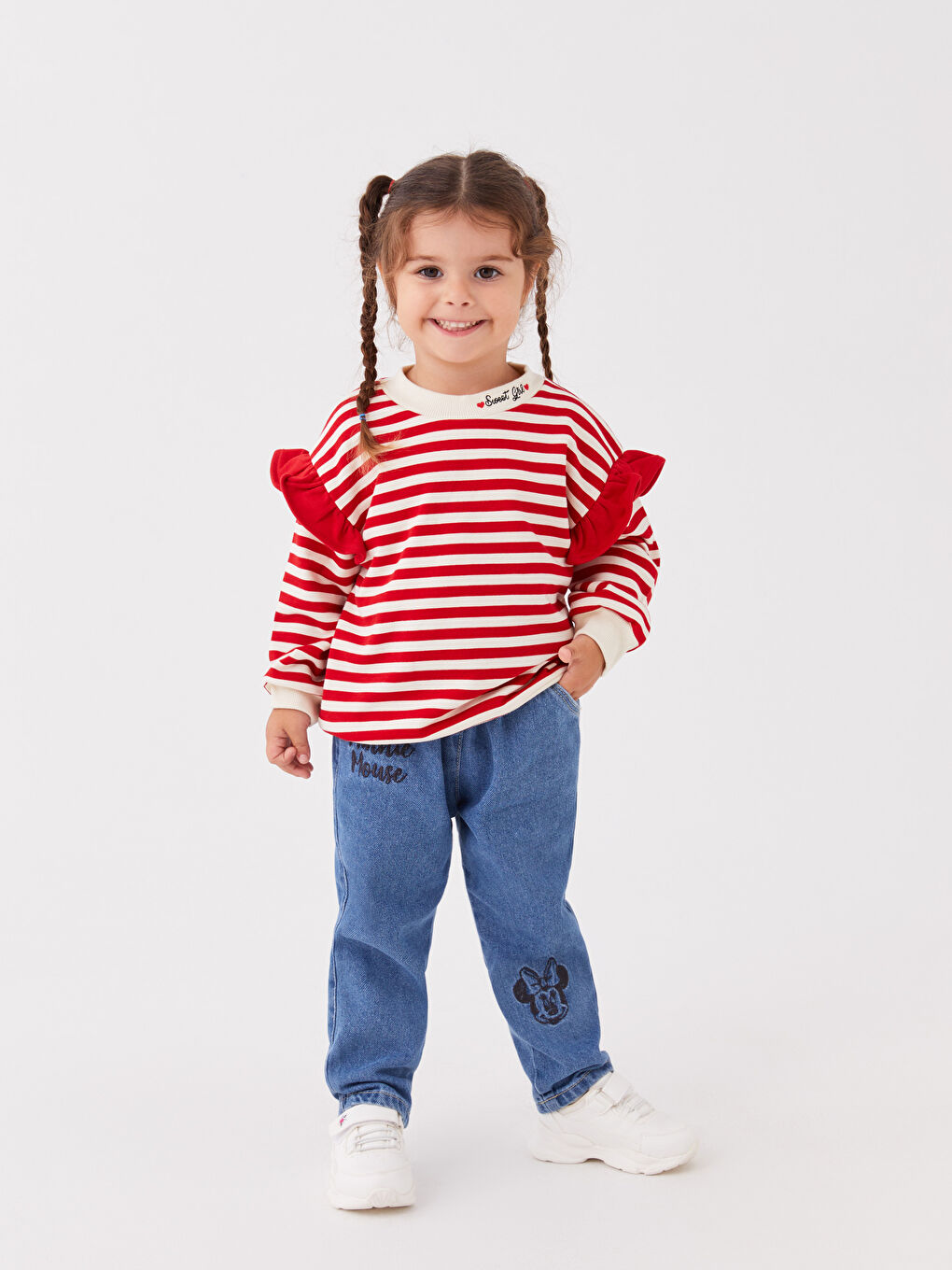 LCW baby Orta İndigo Rodeo Beli Lastikli Minnie Mouse Nakışlı Kız Bebek Jean Pantolon