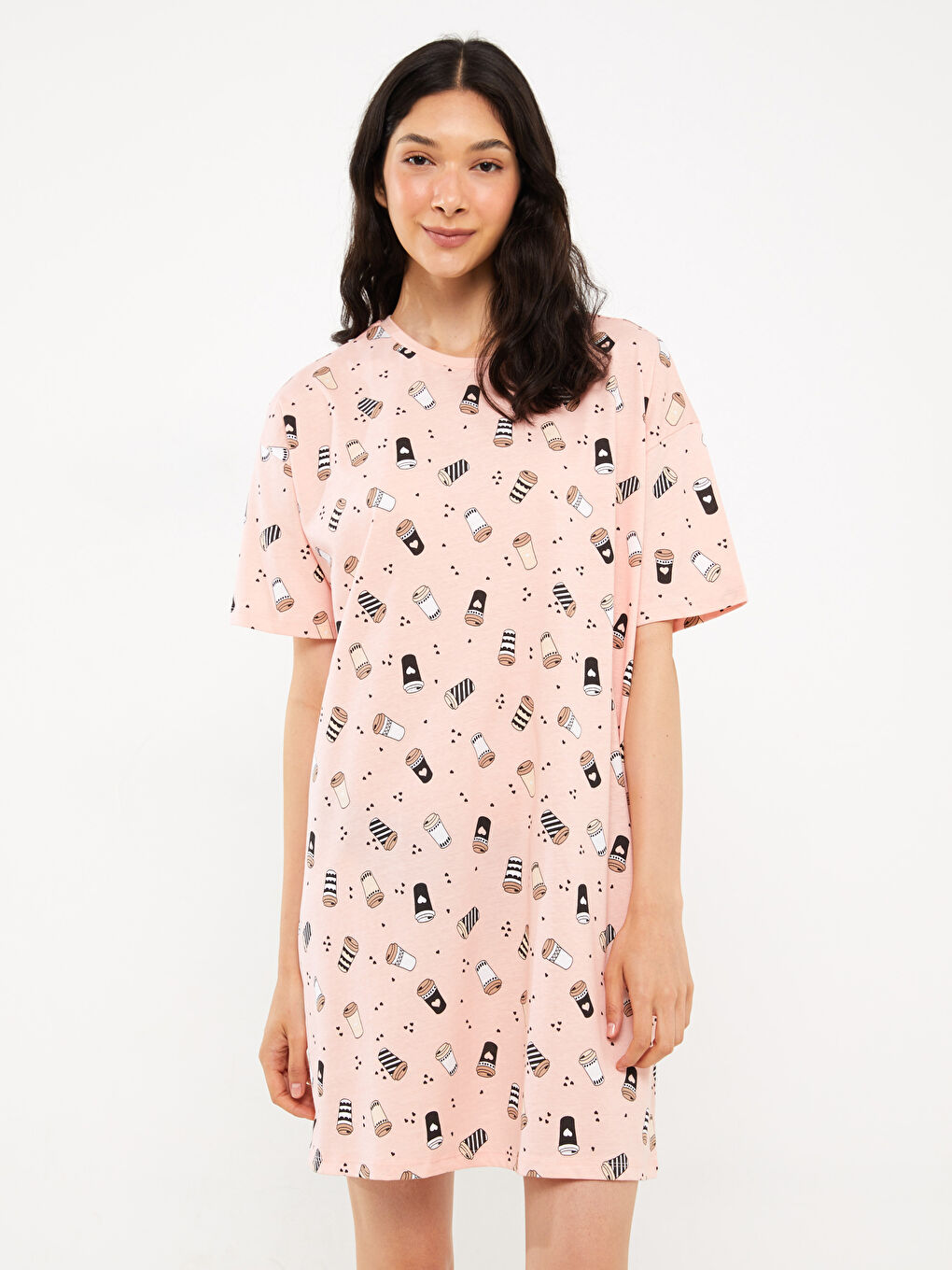 მრგვალი საყელო ნაბეჭდი მოკლე სახელო ქალებისთვის ღამის კაბა-2