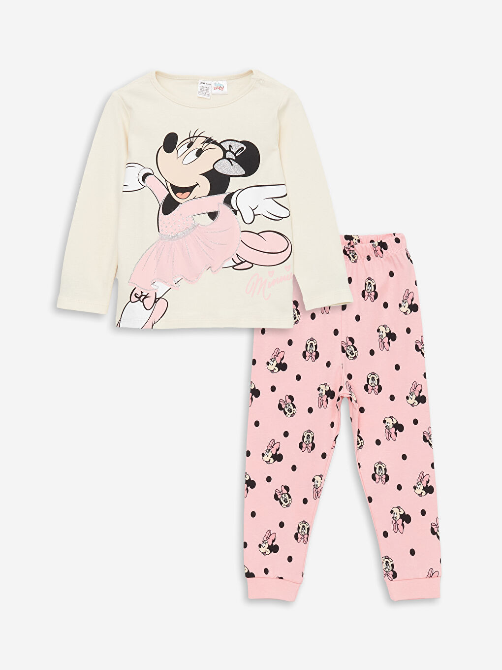 LCW baby Krem Rengi Bisiklet Yaka Minnie Mouse Baskılı Kız Bebek Pijama Takımı