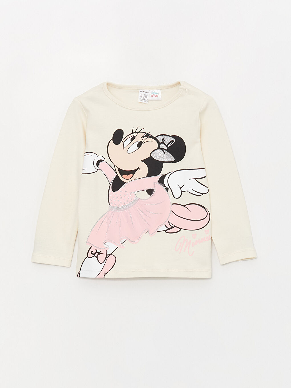 LCW baby Krem Rengi Bisiklet Yaka Minnie Mouse Baskılı Kız Bebek Pijama Takımı - 1