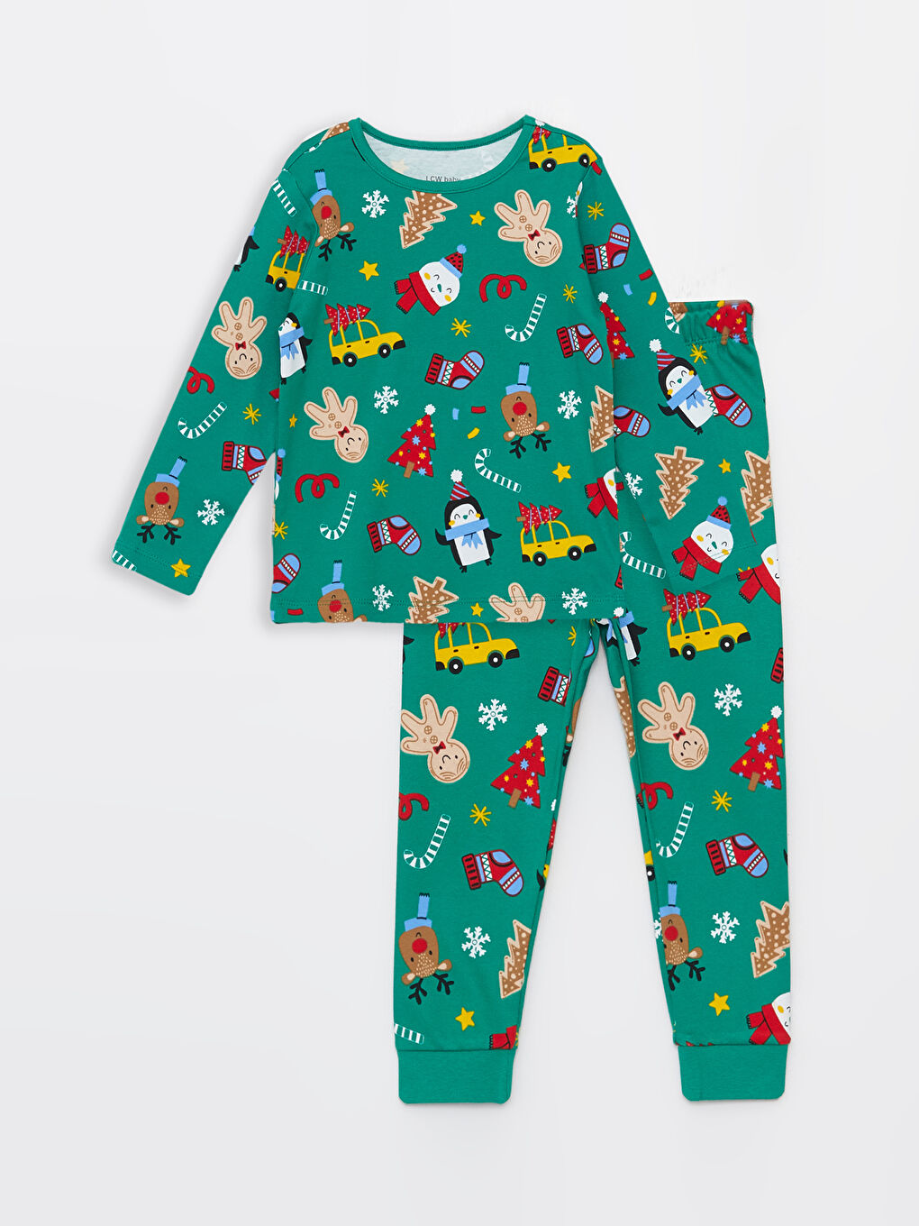 Yeşil Bisiklet Yaka Uzun Kollu Yılbaşı Temalı Erkek Bebek Pijama Takımı