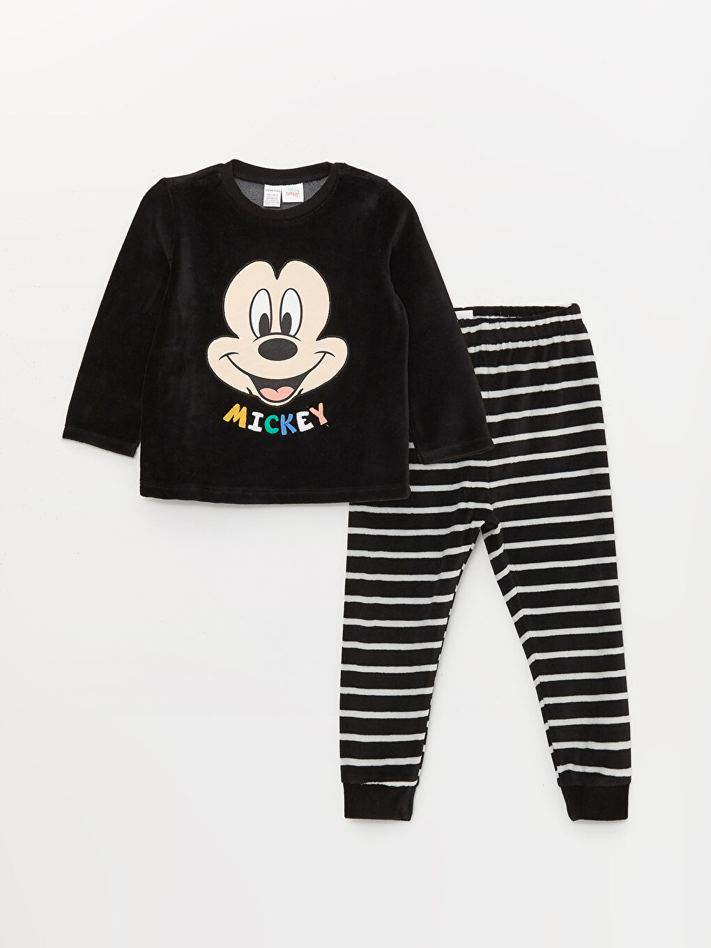 LCW baby Siyah Bisiklet Yaka Uzun Kollu Mickey Mouse Nakışlı Kadife Erkek Bebek Pijama Takımı