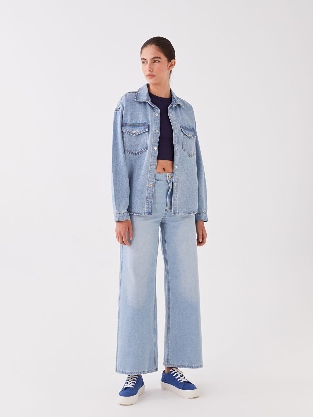 جينز نساء بخصر مرتفع وسروال واسع