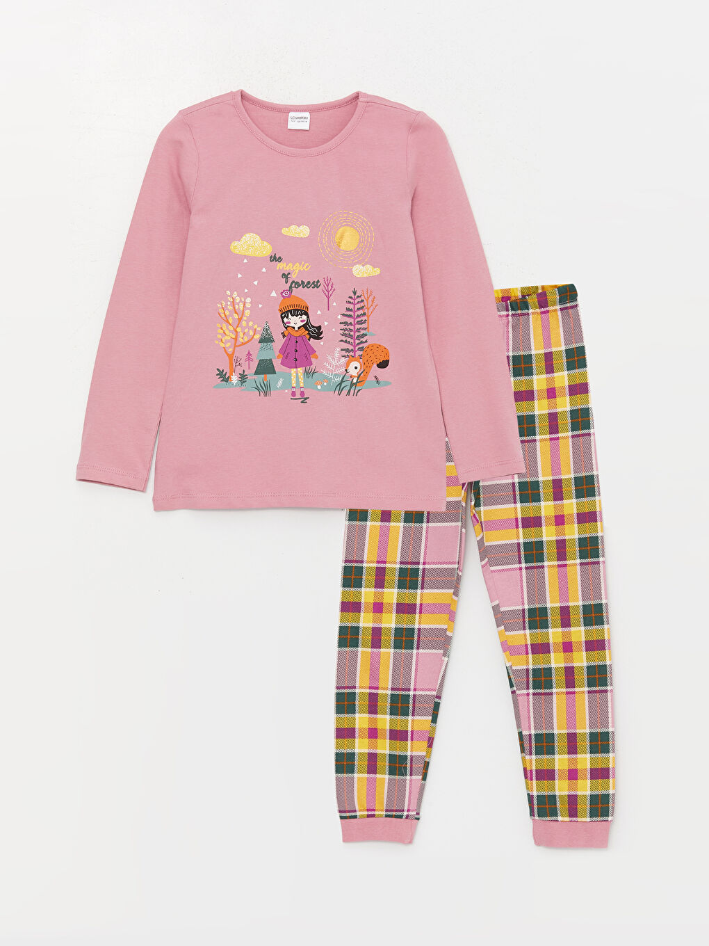 LCW Kids Pembe Bisiklet Yaka Baskılı Uzun Kollu Kız Çocuk Pijama Takımı