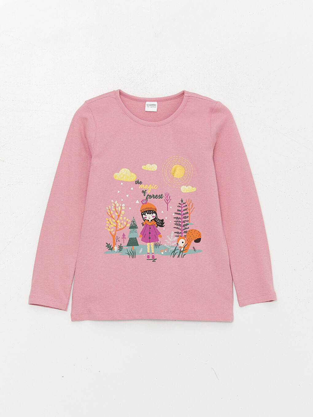 LCW Kids Pembe Bisiklet Yaka Baskılı Uzun Kollu Kız Çocuk Pijama Takımı - 1