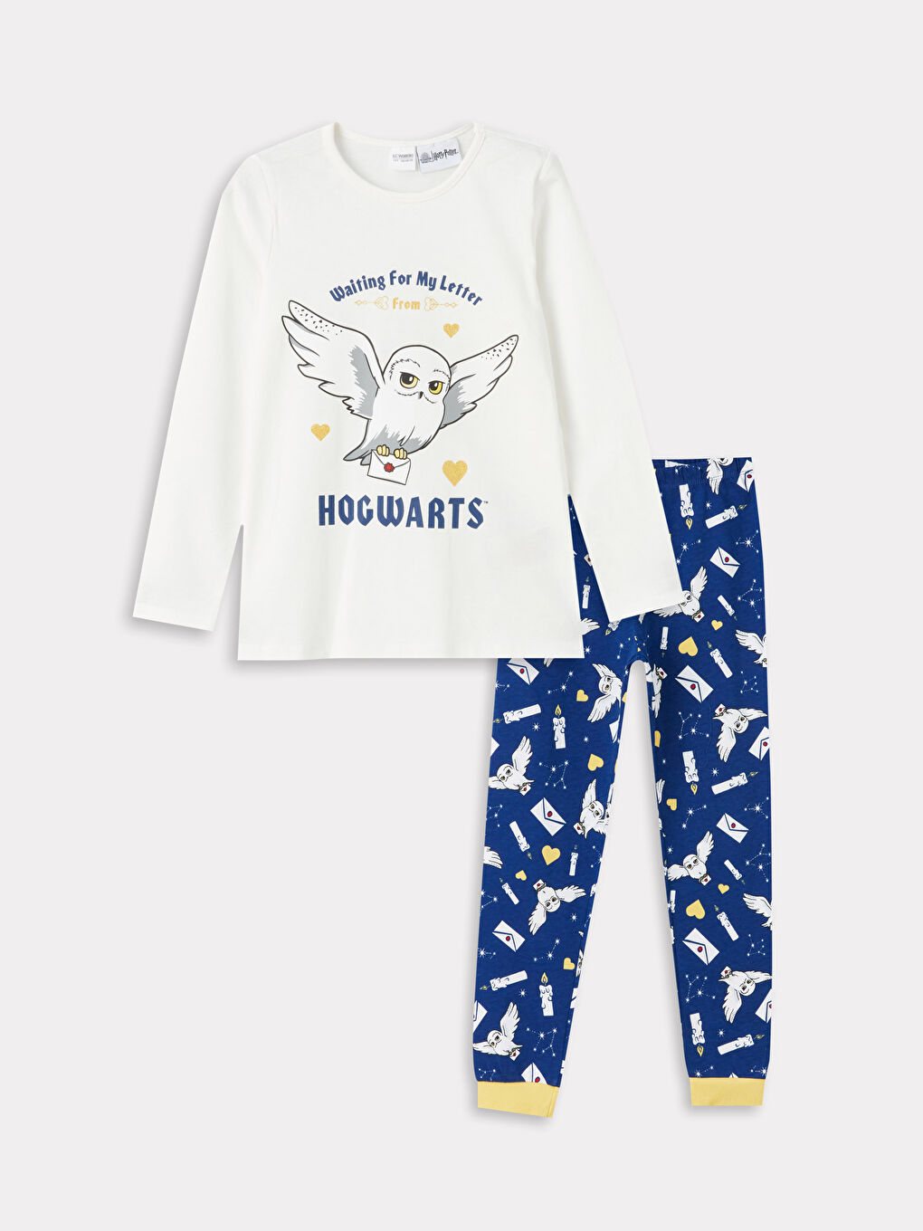 LCW Kids Ekru Bisiklet Yaka Harry Potter Baskılı Uzun Kollu Kız Çocuk Pijama Takımı