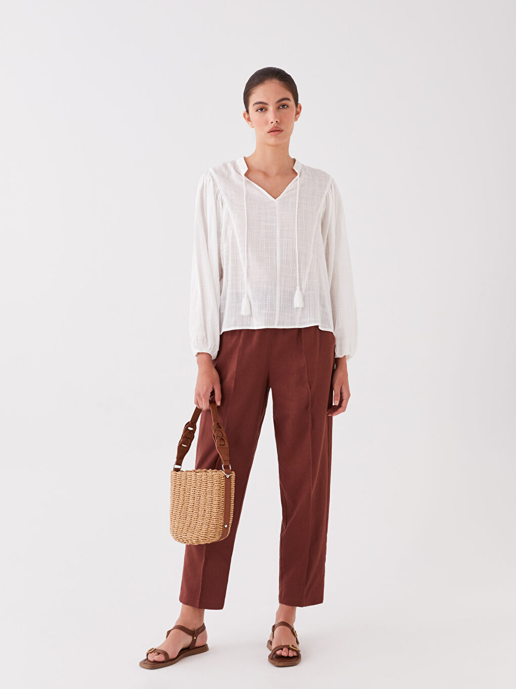 Elasticated Waist Plain Linen Blend Women's Trousers