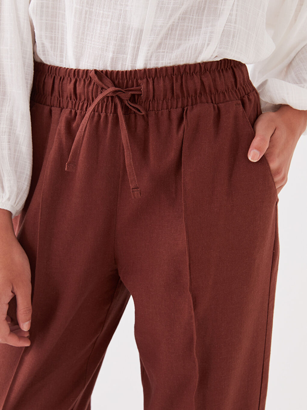 Elasticated Waist Plain Linen Blend Women's Trousers-1