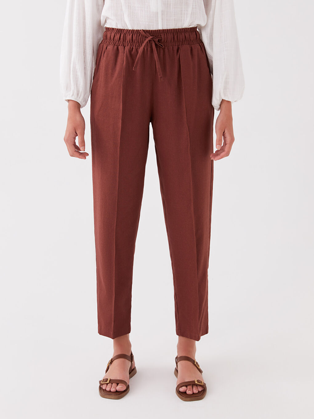 Elasticated Waist Plain Linen Blend Women's Trousers-2