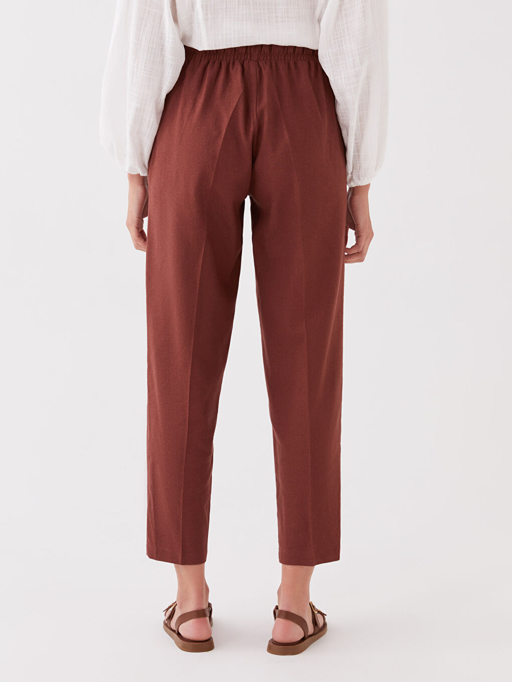 Elasticated Waist Plain Linen Blend Women's Trousers-3