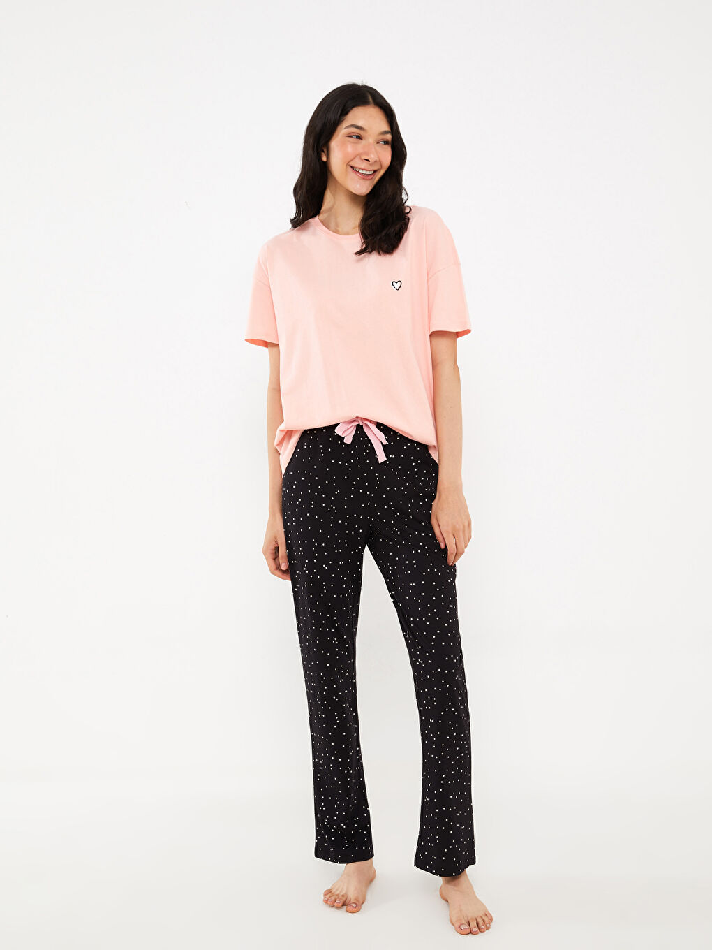 Siyah Beli Lastikli Puantiyeli Kadın Pijama Alt-1