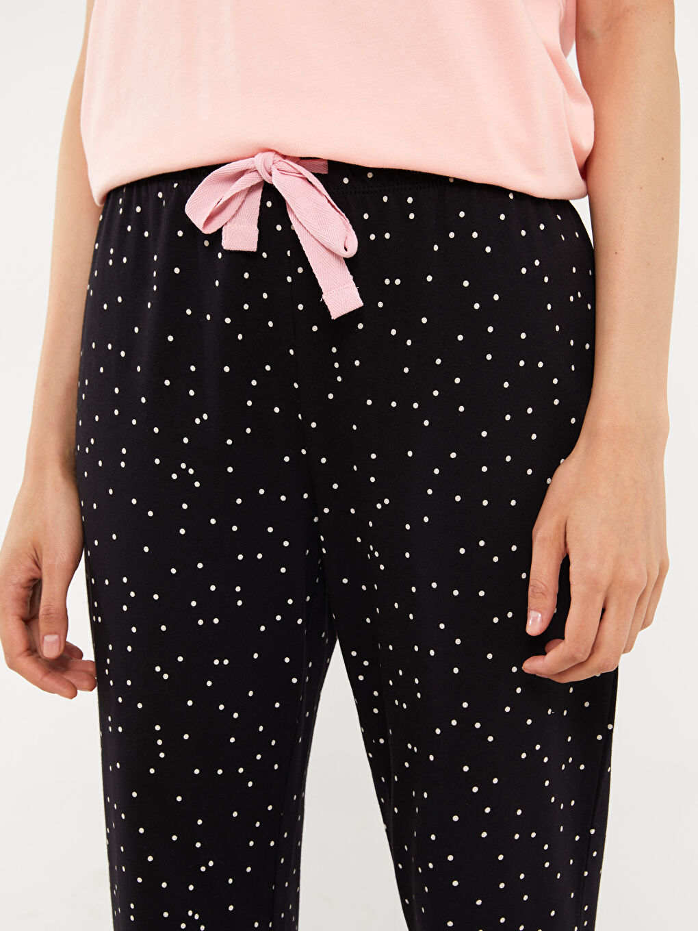 Siyah Beli Lastikli Puantiyeli Kadın Pijama Alt-3