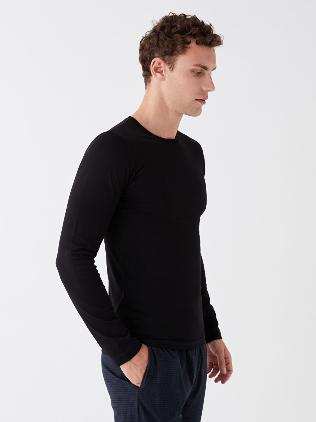 Siyah Bisiklet Yaka Uzun Kollu Erkek Atlet-1