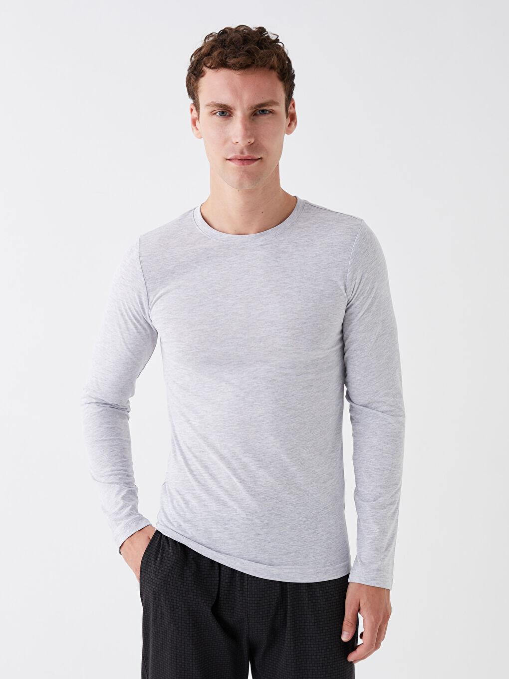 Gri Bisiklet Yaka Uzun Kollu Erkek Atlet-1