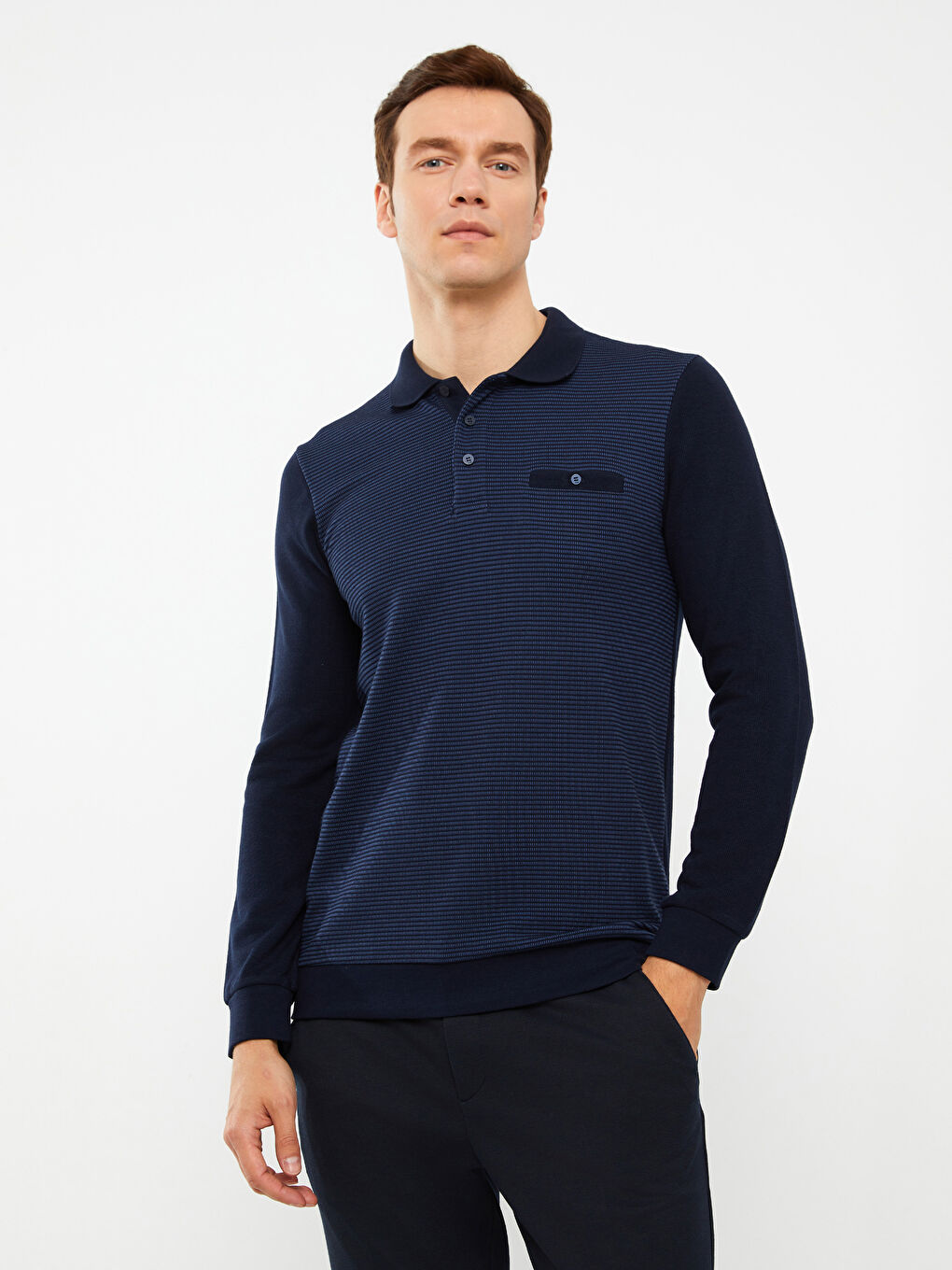 Lacivert Polo Yaka Uzun Kollu Çizgili Erkek Sweatshirt