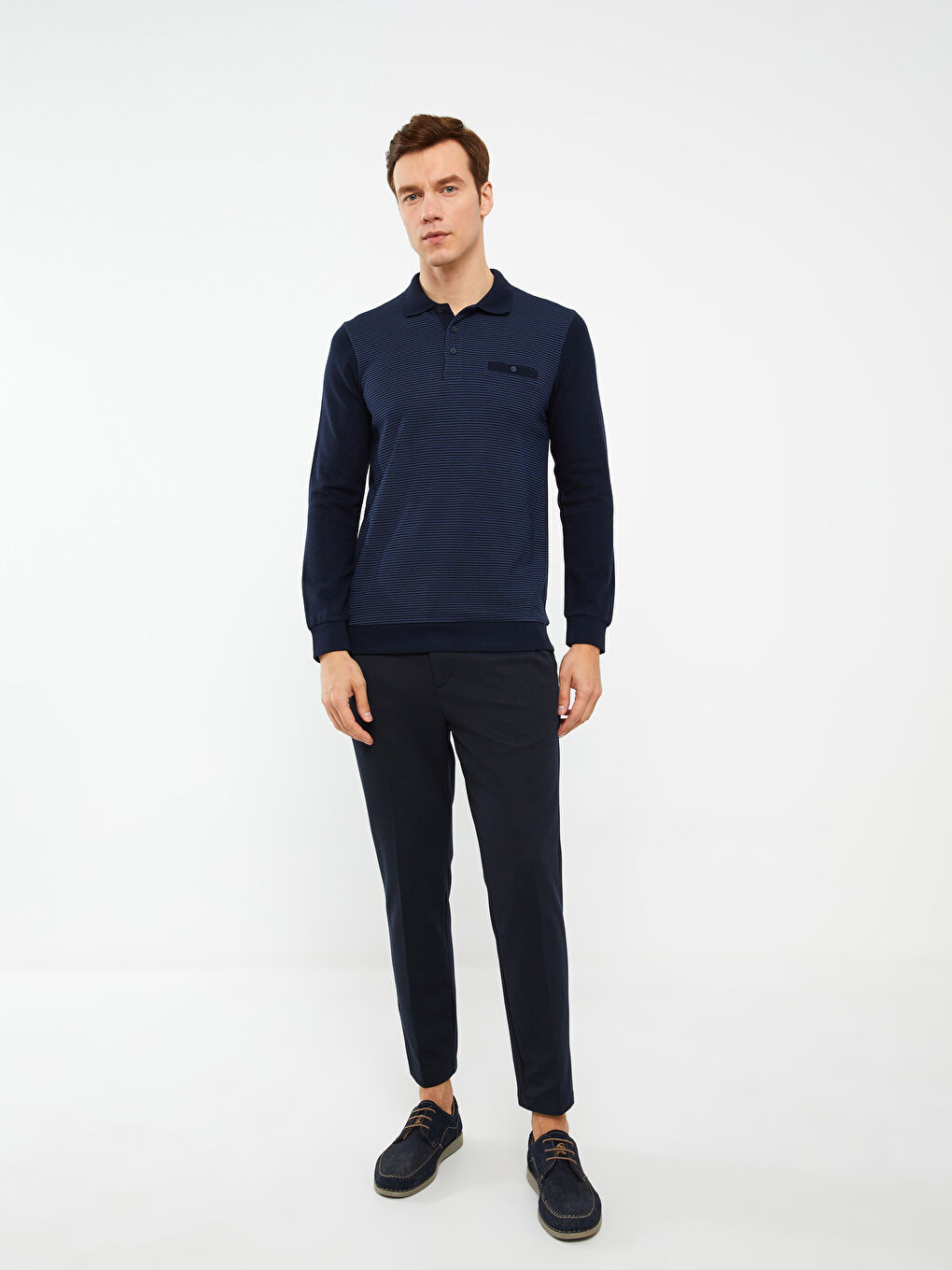 Lacivert Polo Yaka Uzun Kollu Çizgili Erkek Sweatshirt-2