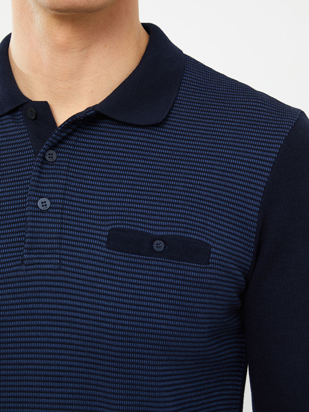 Lacivert Polo Yaka Uzun Kollu Çizgili Erkek Sweatshirt-3