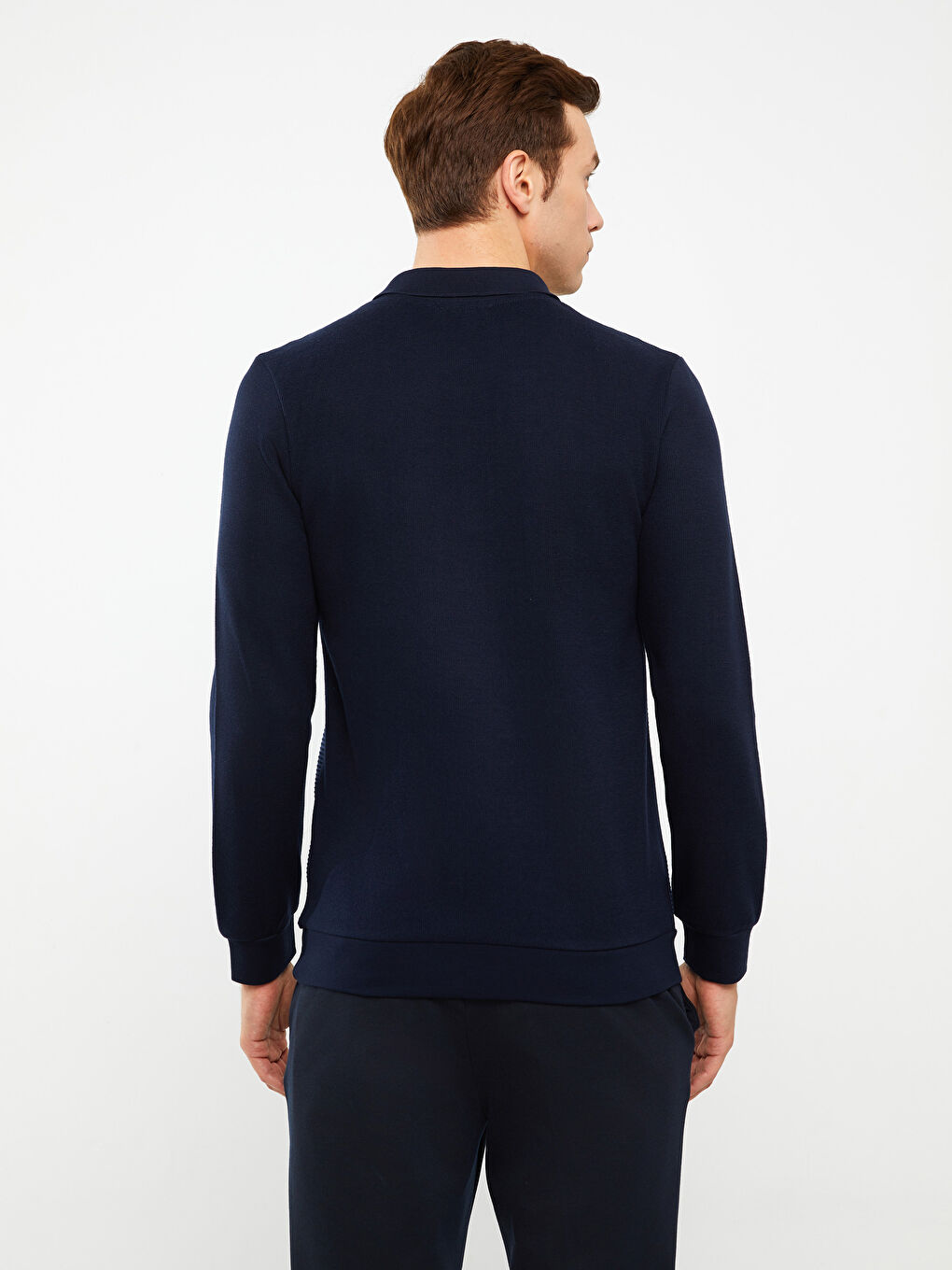 Lacivert Polo Yaka Uzun Kollu Çizgili Erkek Sweatshirt-4